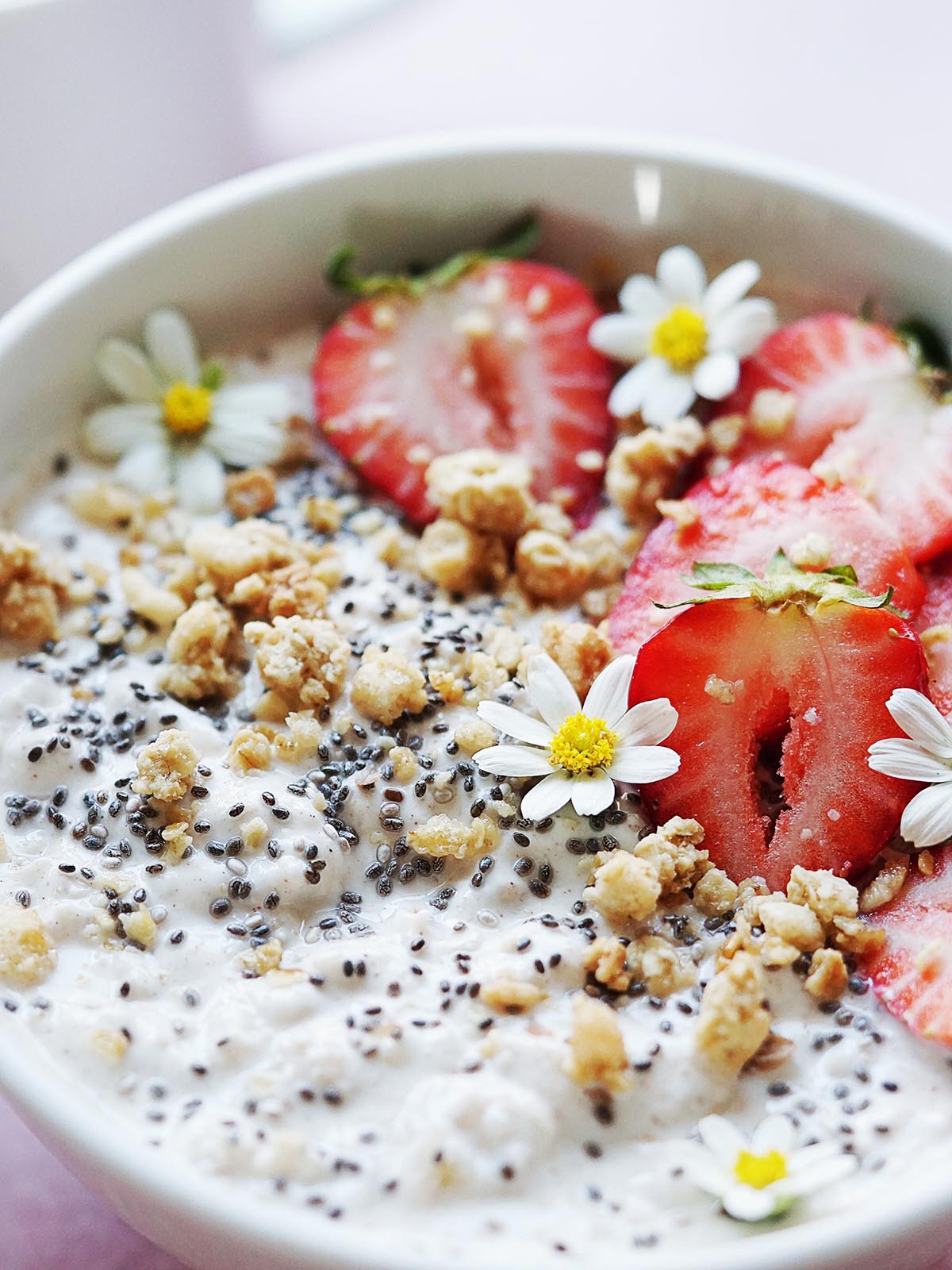A close up image of a bowl with Oatmeal Greek Yogurt topped with strawberries. 