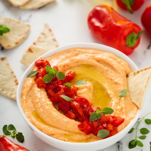 Roasted red pepper hummus with pita chips.
